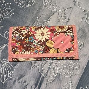 Pink Tan Blue 70s Floral Corduroy Trifold Wallet
